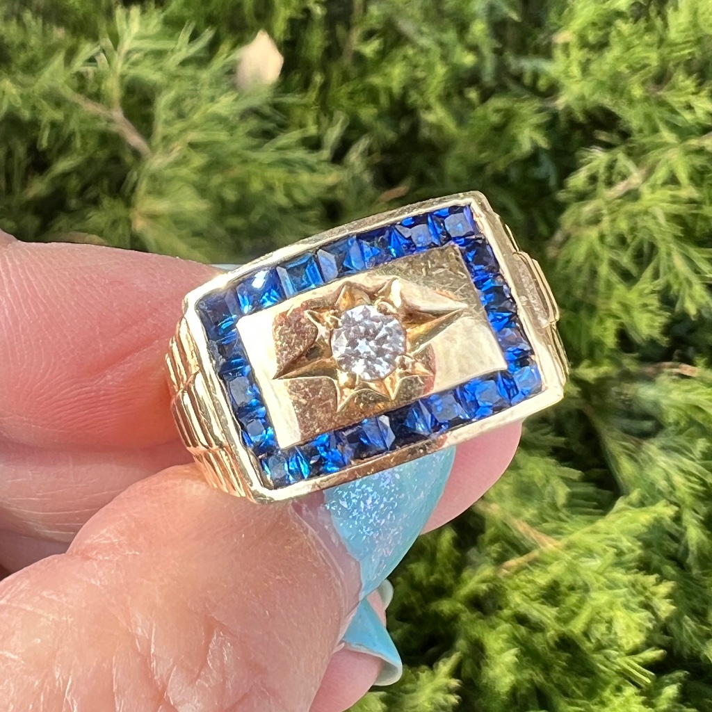 Vintage 14k Yellow Gold Mens Cz  Blue Spinel Starburst Ring Rolex Band Design